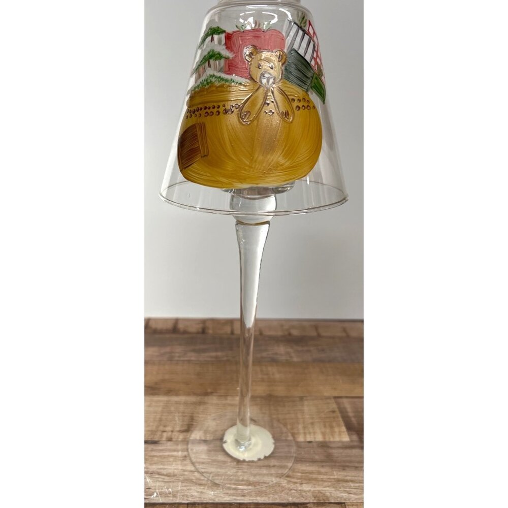 Artisan Hand-Painted Bear Scene Glass Candle Holder Tall Stem Decorative Accent